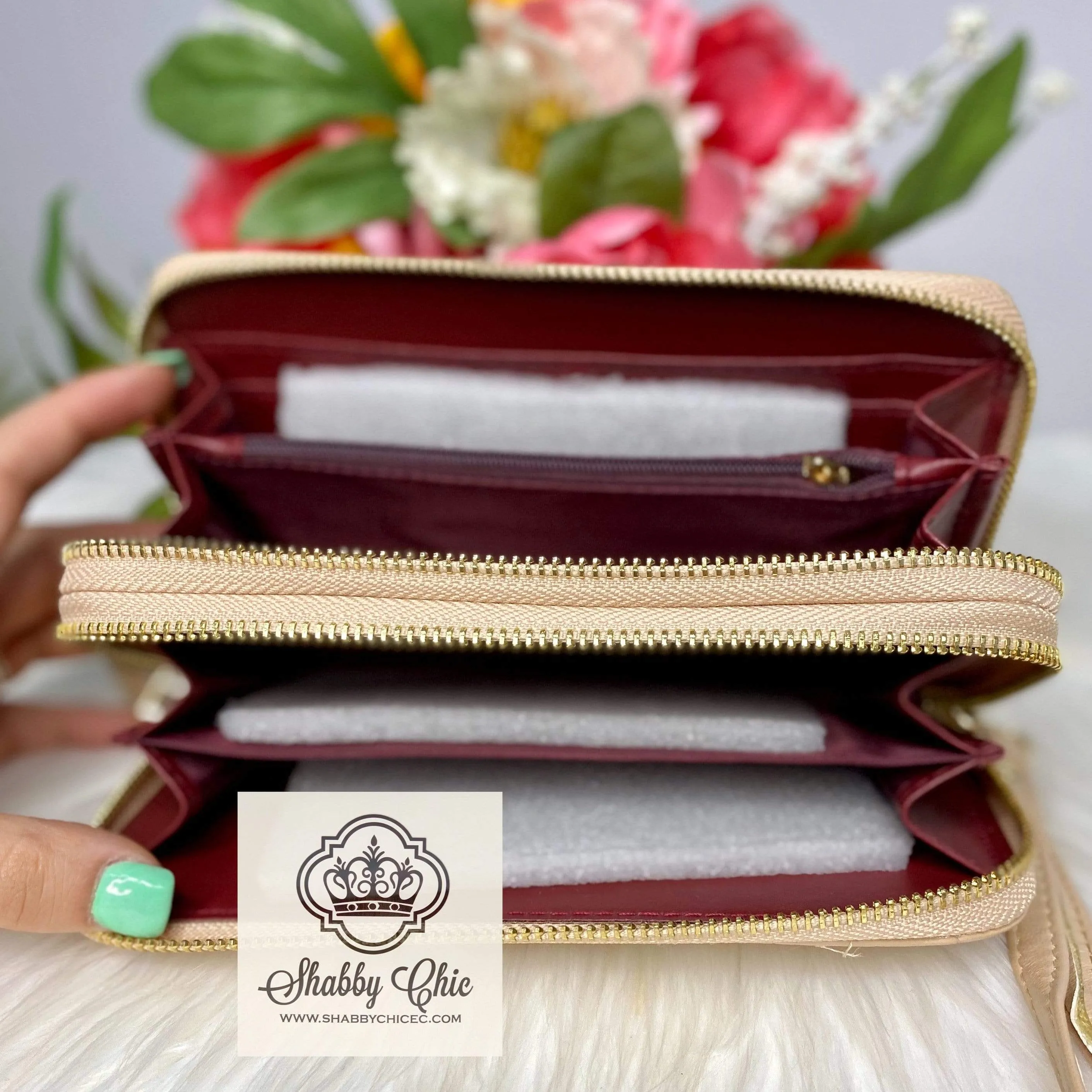 Double ZIp Beige Quilted Zip Wallet