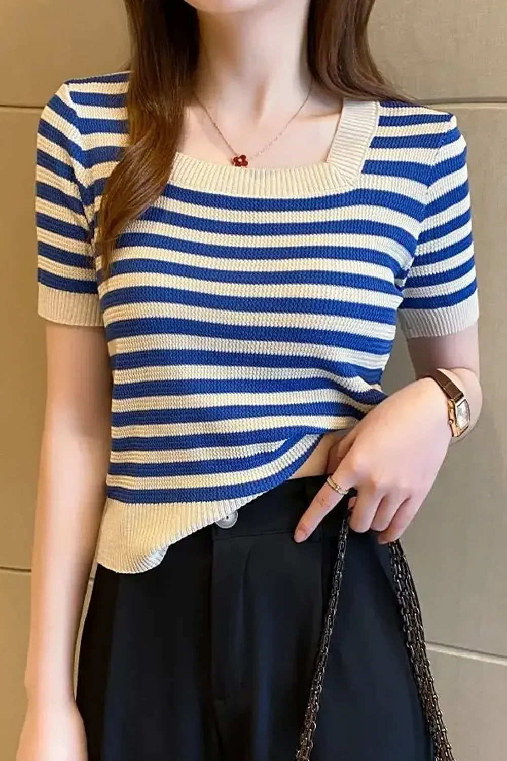 Elastic Square Collar Striped Slim Shirts