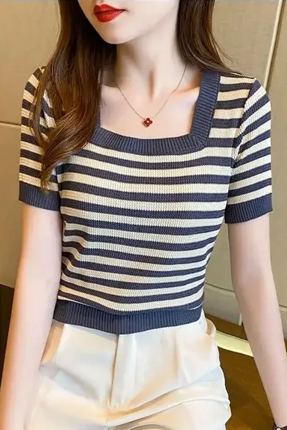 Elastic Square Collar Striped Slim Shirts