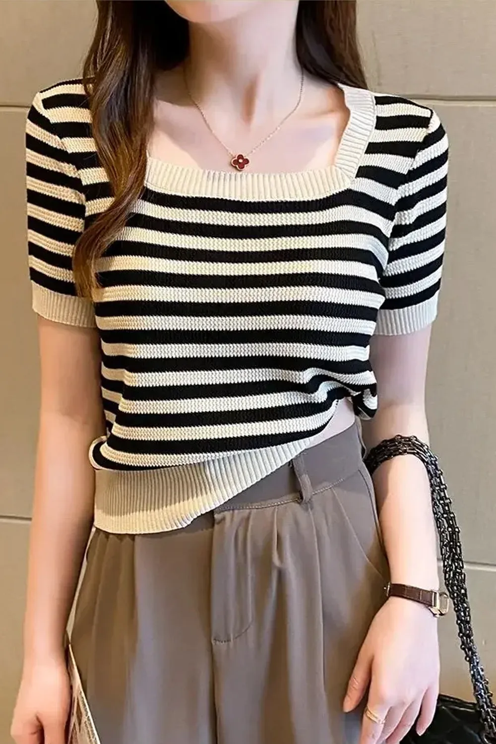 Elastic Square Collar Striped Slim Shirts