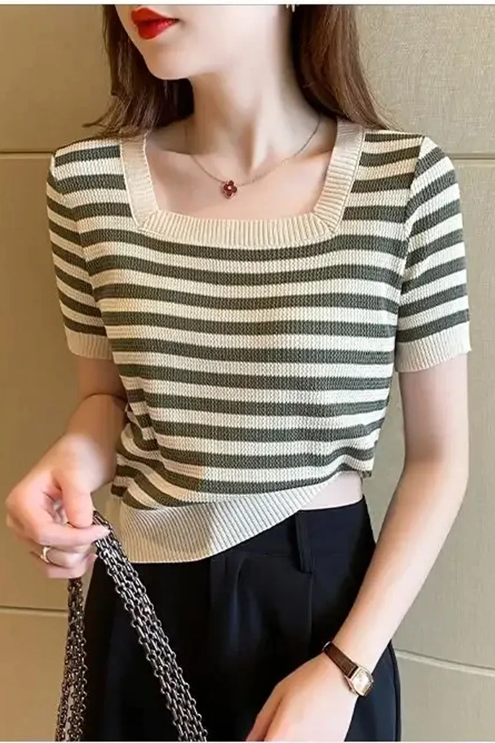 Elastic Square Collar Striped Slim Shirts