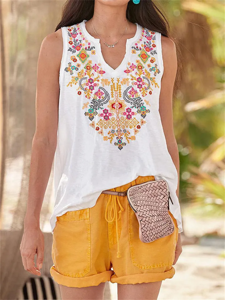 Ethnic Bohemian Floral Print V Neck Sleeveless Tops for Women
