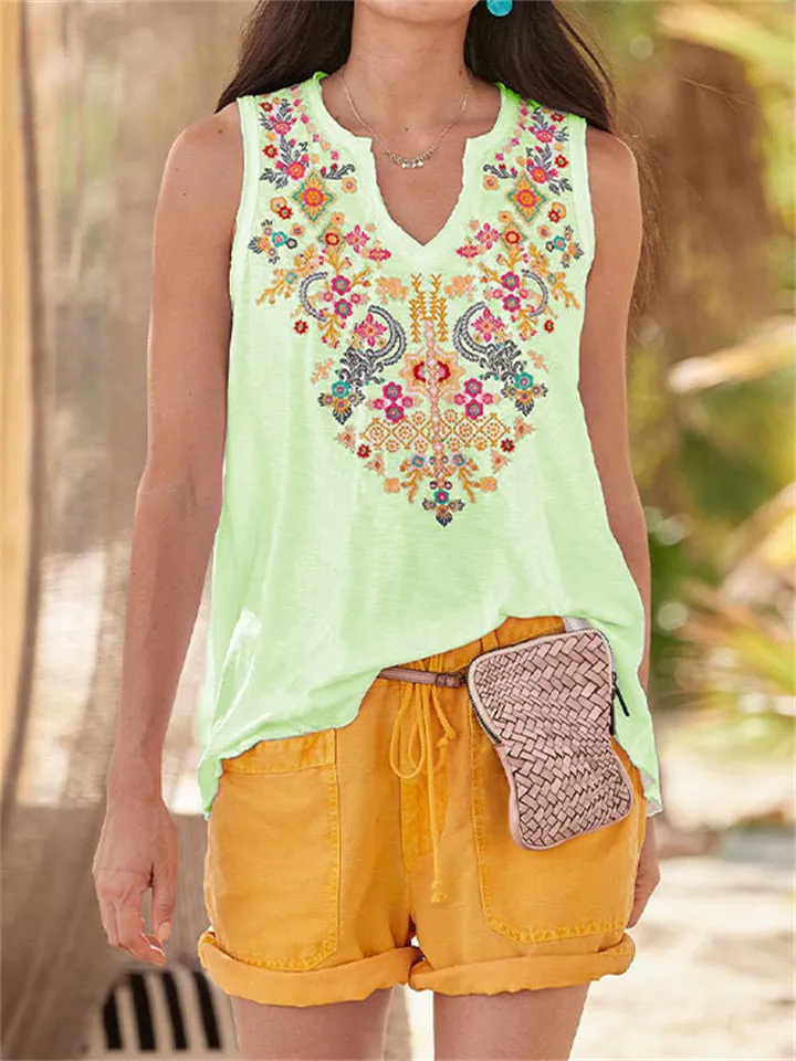 Ethnic Bohemian Floral Print V Neck Sleeveless Tops for Women