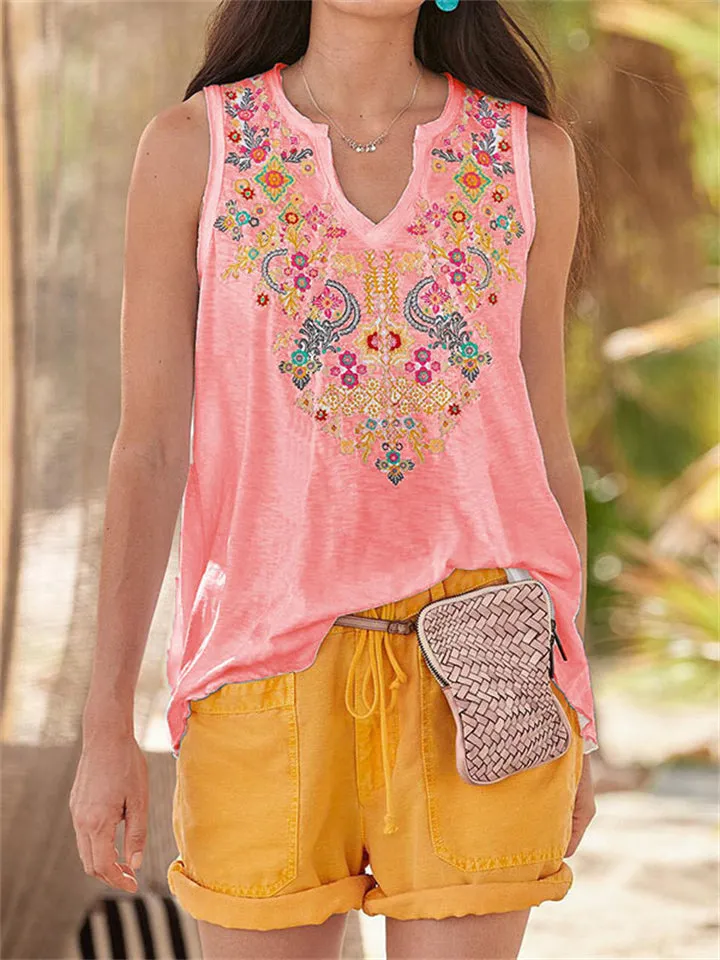 Ethnic Bohemian Floral Print V Neck Sleeveless Tops for Women