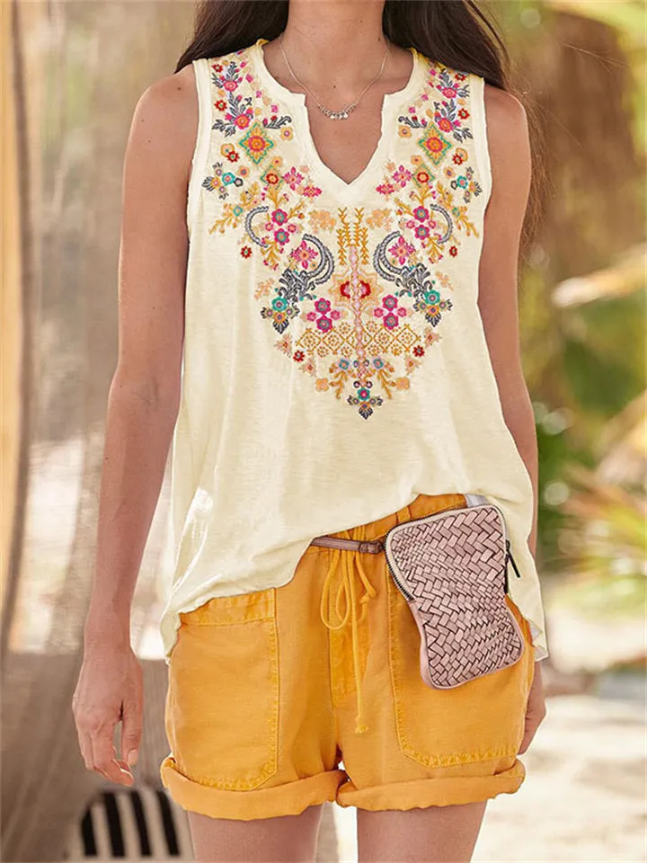 Ethnic Bohemian Floral Print V Neck Sleeveless Tops for Women