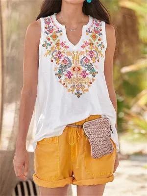 Ethnic Bohemian Floral Print V Neck Sleeveless Tops for Women