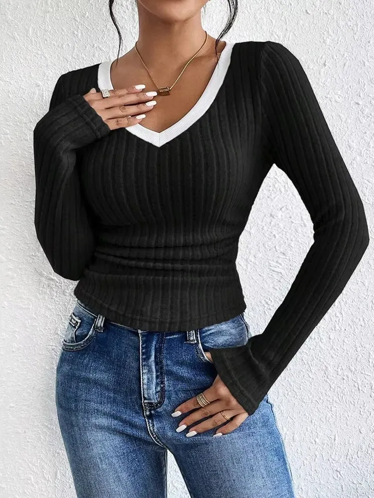 Fashion Contrast Color V-Neck Blouse