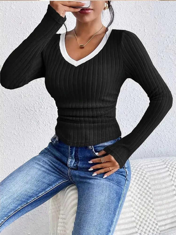 Fashion Contrast Color V-Neck Blouse