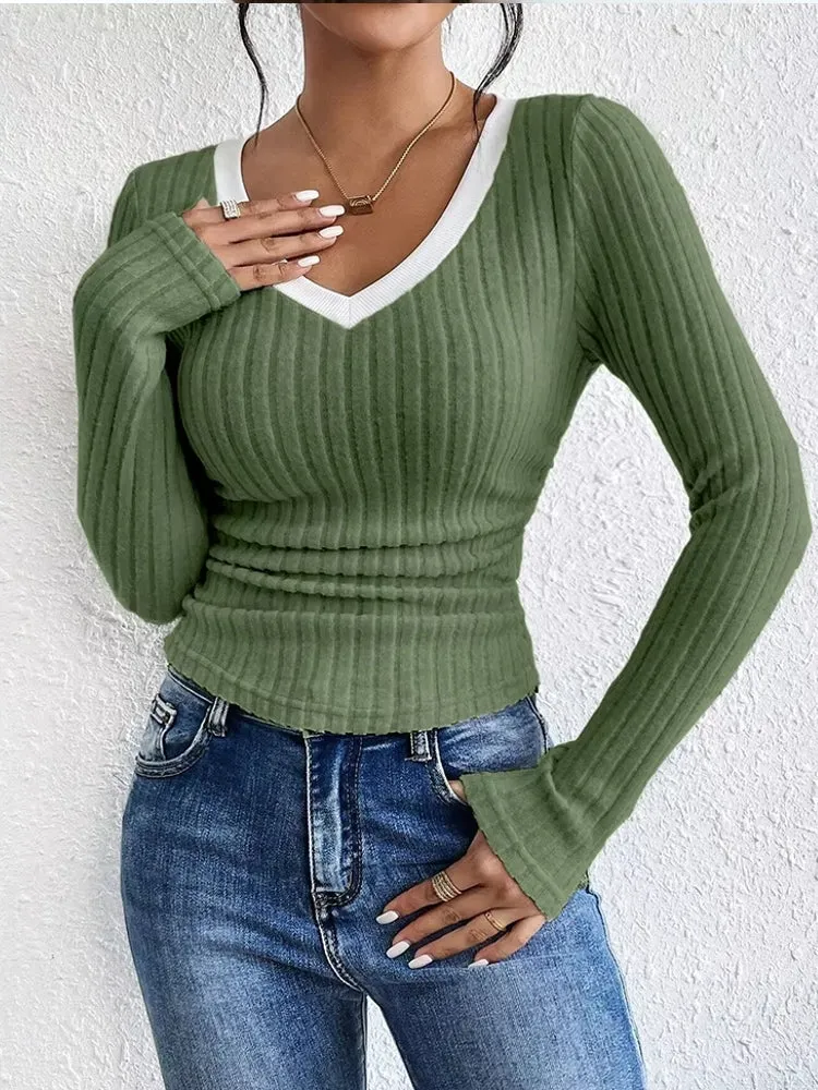 Fashion Contrast Color V-Neck Blouse