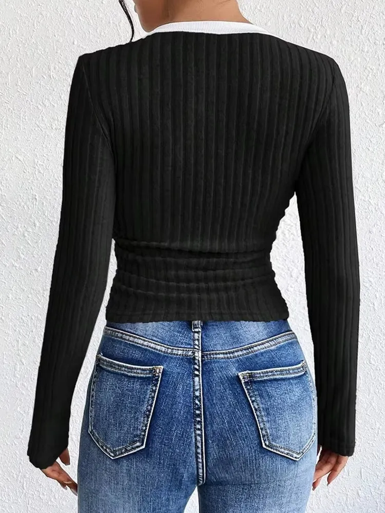 Fashion Contrast Color V-Neck Blouse