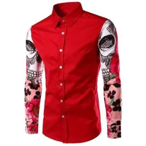 Fashion Turn Down Collar Splicing Printing Sleeves Shirt For Men - Red L