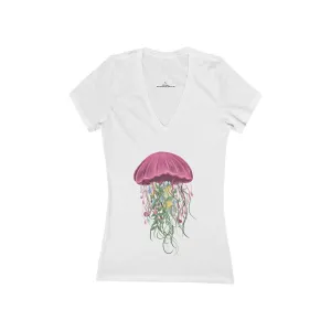 FLORAL JELLYFISH <br>women's jersey <br>short sleeve <br>deep V-neck tee