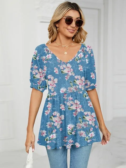 Floral Print T Shirts For Women V Neck Clothes
