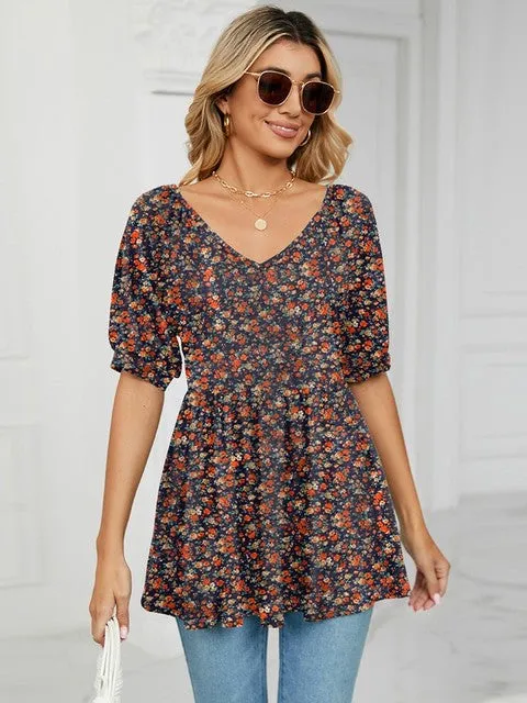Floral Print T Shirts For Women V Neck Clothes