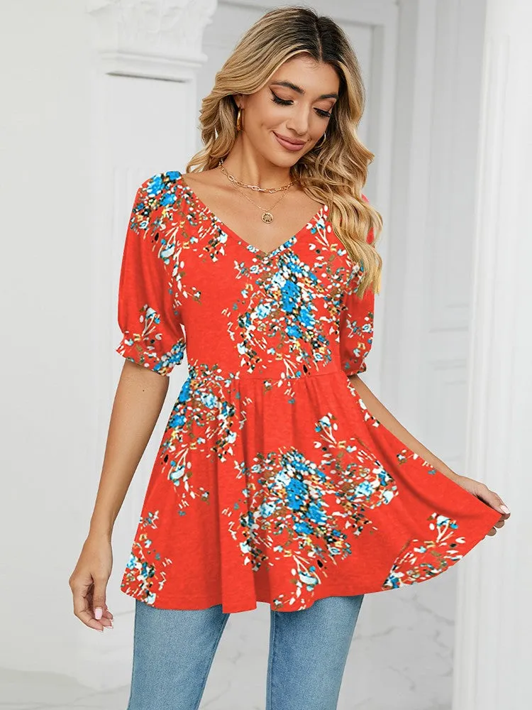 Floral Print T Shirts For Women V Neck Clothes