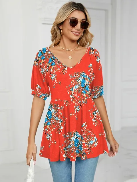 Floral Print T Shirts For Women V Neck Clothes
