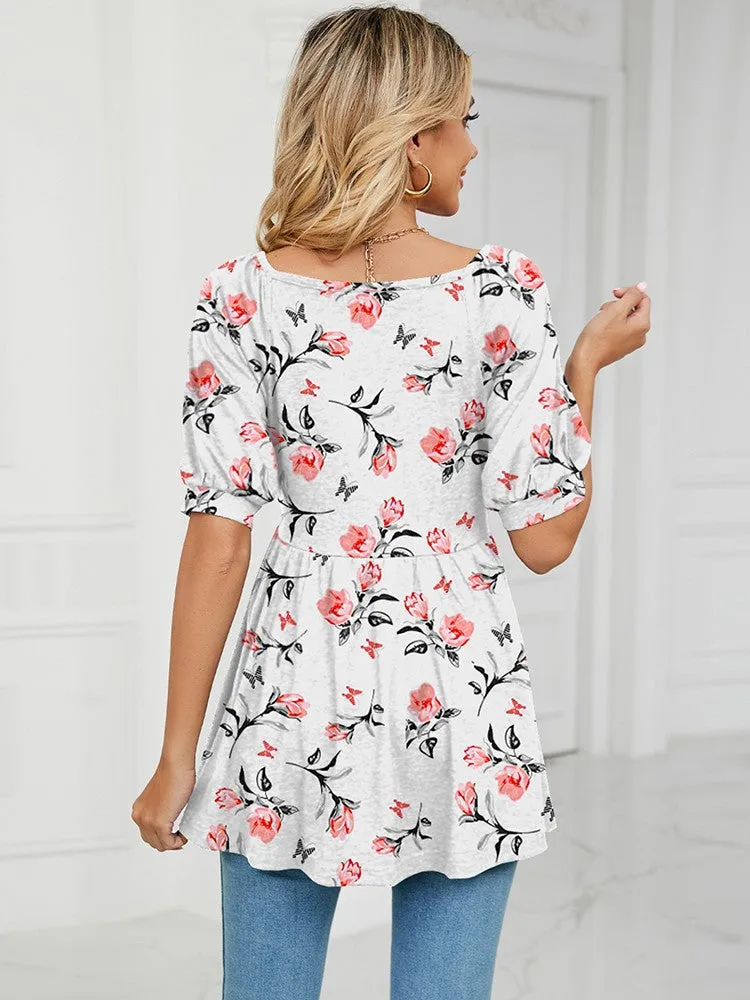 Floral Print T Shirts For Women V Neck Clothes