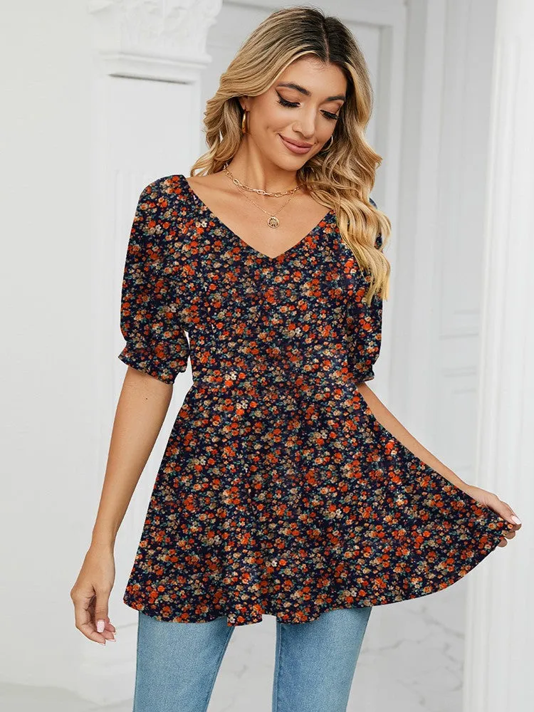 Floral Print T Shirts For Women V Neck Clothes