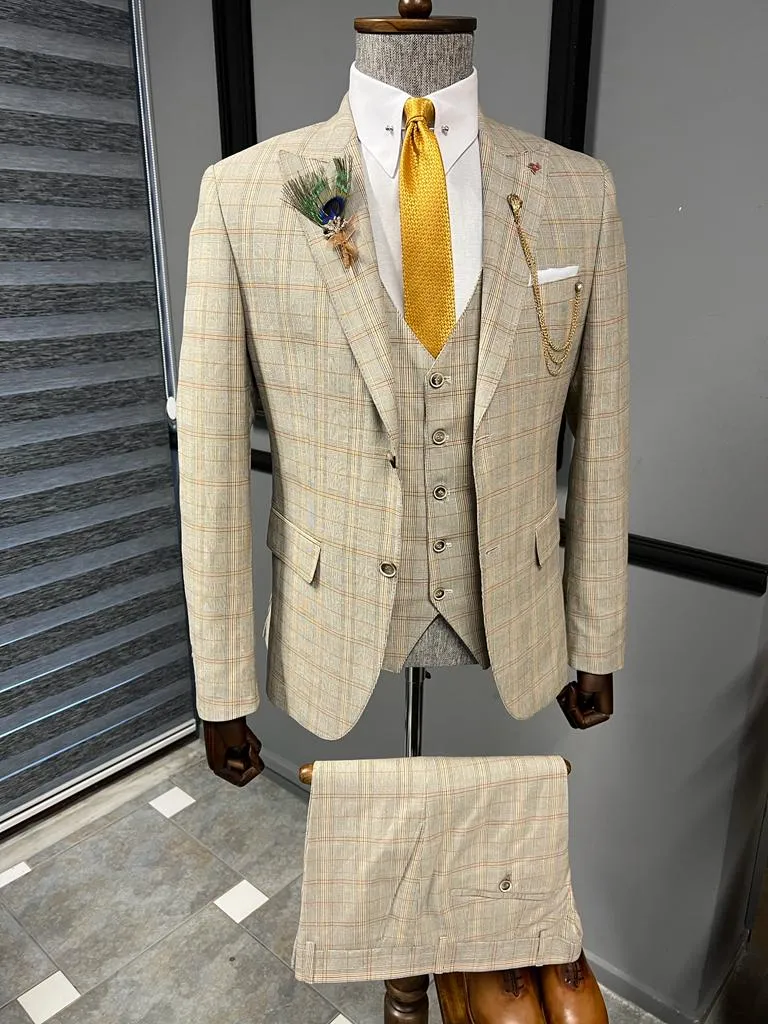 Fremont Camel Slim Fit Peak Lapel Plaid Suit - Elegant Three-Piece Ensemble