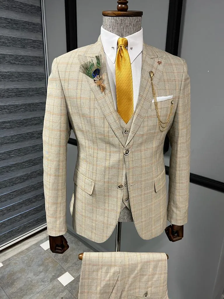 Fremont Camel Slim Fit Peak Lapel Plaid Suit - Elegant Three-Piece Ensemble