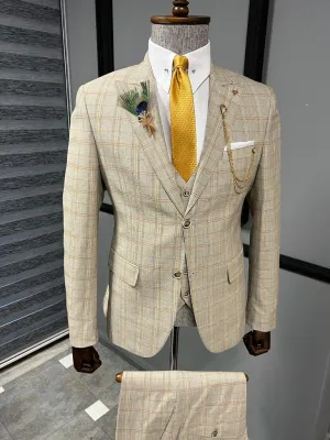 Fremont Camel Slim Fit Peak Lapel Plaid Suit - Elegant Three-Piece Ensemble