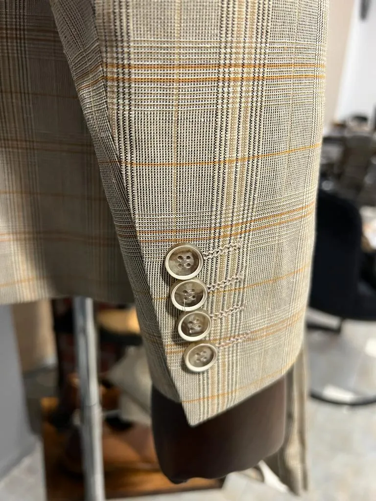 Fremont Camel Slim Fit Peak Lapel Plaid Suit - Elegant Three-Piece Ensemble