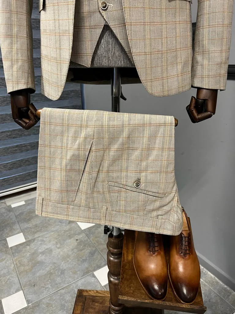 Fremont Camel Slim Fit Peak Lapel Plaid Suit - Elegant Three-Piece Ensemble