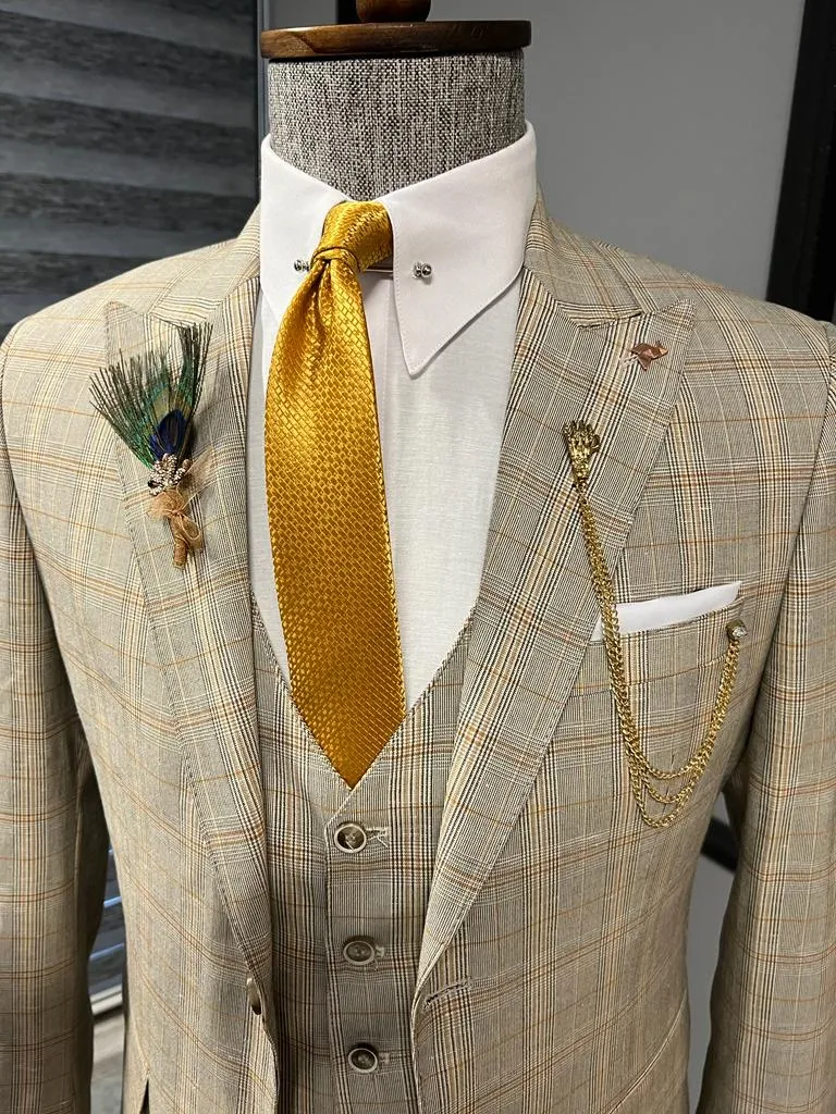 Fremont Camel Slim Fit Peak Lapel Plaid Suit - Elegant Three-Piece Ensemble