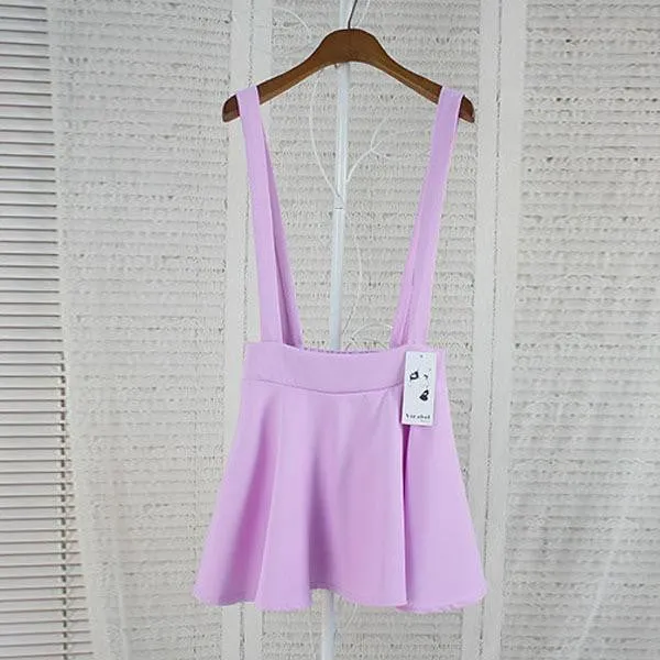 Girl Pleated Mini Skirt Womens Pastel Skater Flared Belt Waist Suspender Skirt