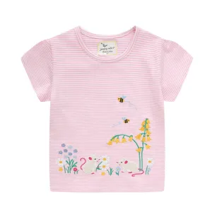 Girls Summer Short Sleeve Cotton T-shirt with Mouse & Flowers Print - Striped Pink
