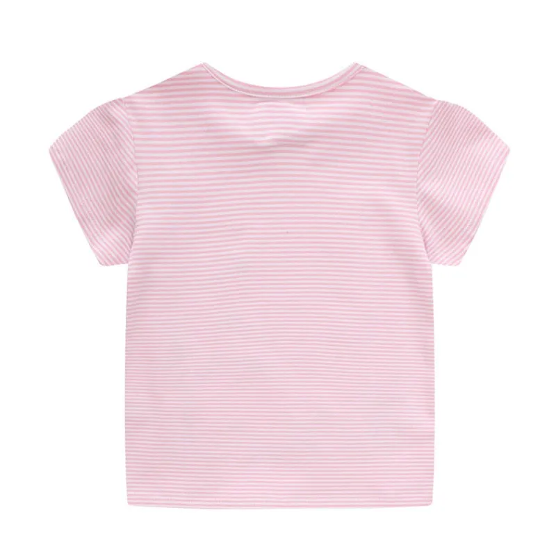 Girls Summer Short Sleeve Cotton T-shirt with Mouse & Flowers Print - Striped Pink