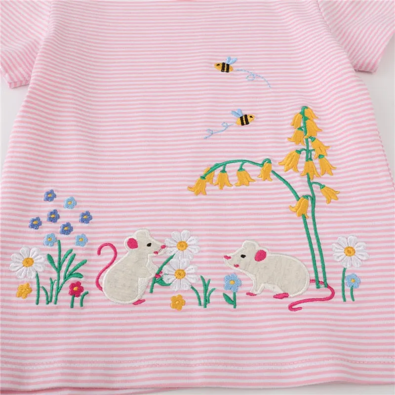 Girls Summer Short Sleeve Cotton T-shirt with Mouse & Flowers Print - Striped Pink