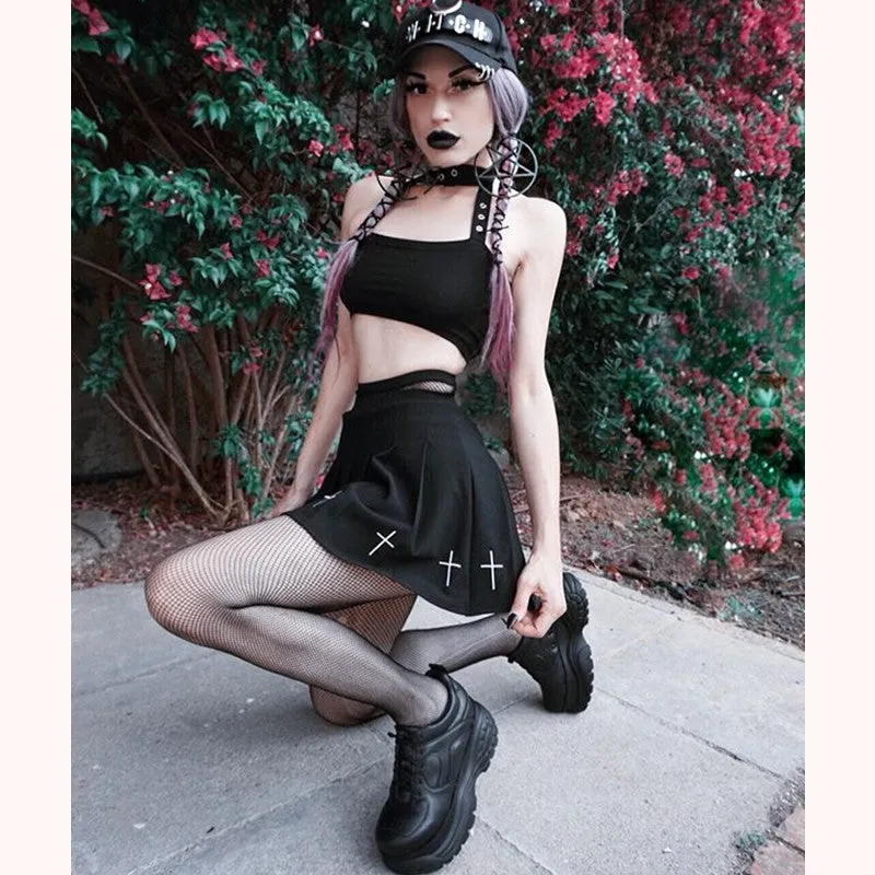 “GOTH EMBROIDERY” PLEATED SKIRT W041103