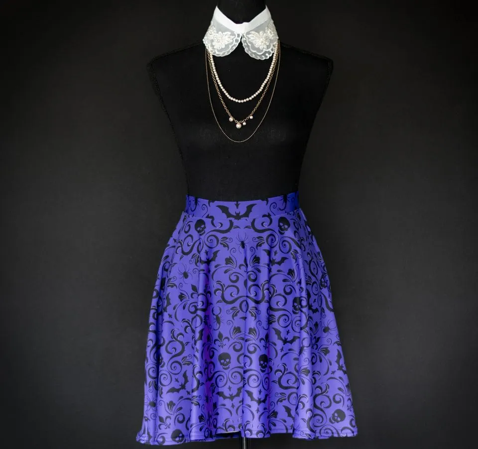 Gothic Damask Skater Skirt - Purple