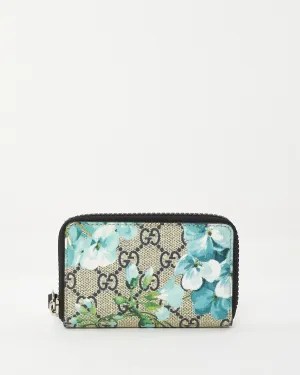 Gucci Black & Blue Coated Canvas GG Supreme Blooms Zip Around Card Case Wallet