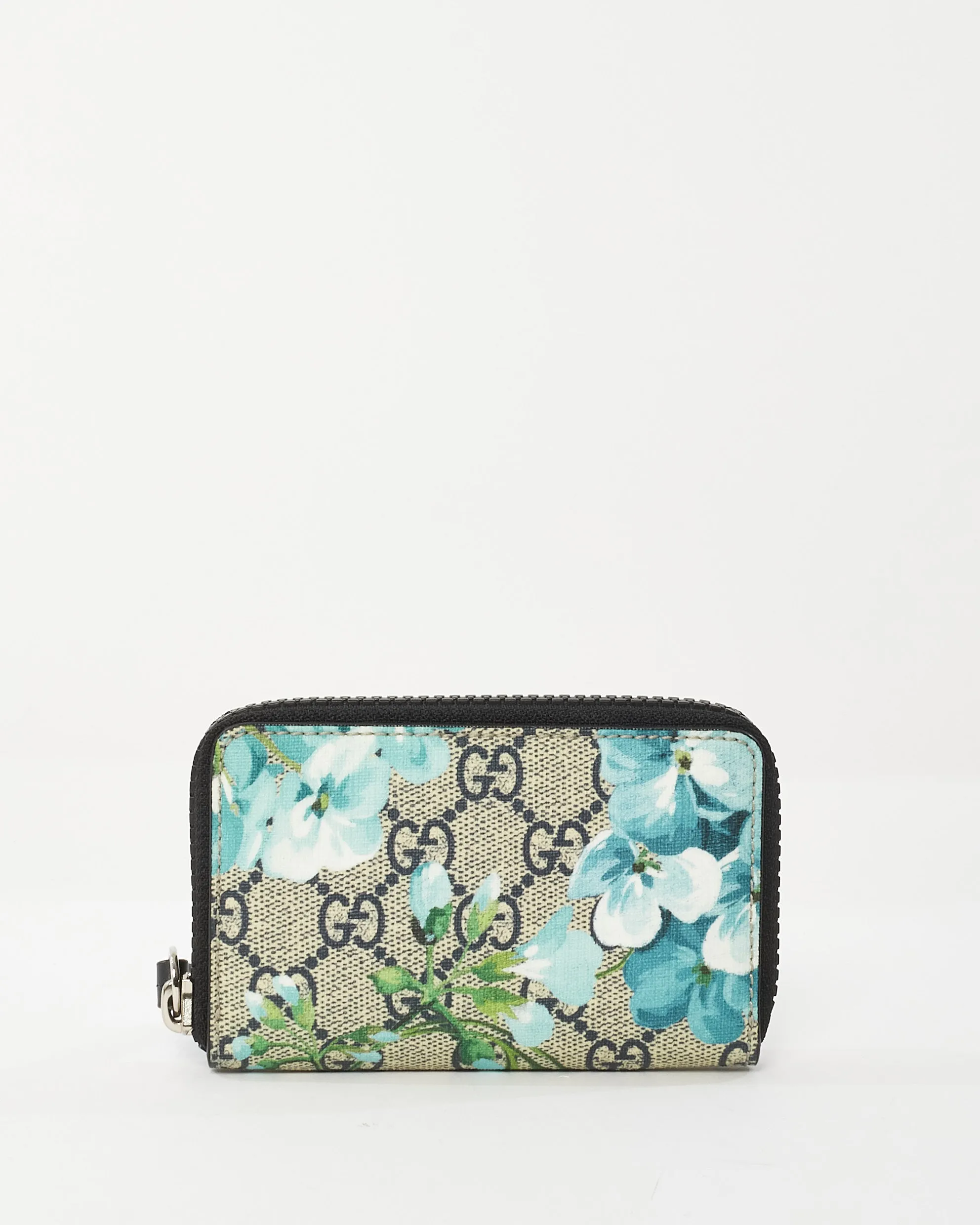 Gucci Black & Blue Coated Canvas GG Supreme Blooms Zip Around Card Case Wallet