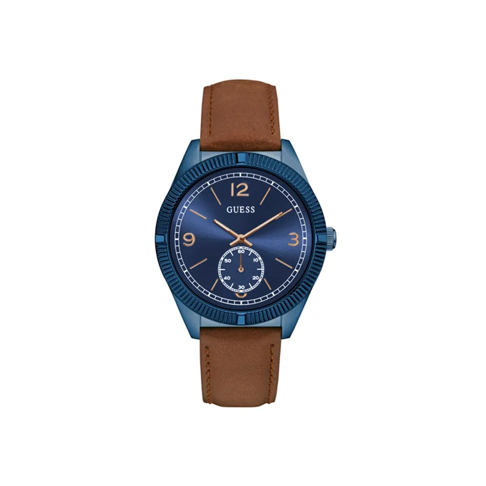 Guess Men's Watch With Blue Case & Dial With Brown Leather Strap