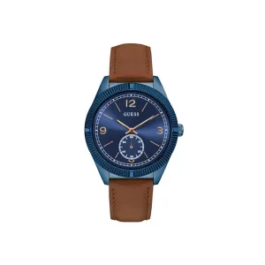 Guess Men's Watch With Blue Case & Dial With Brown Leather Strap