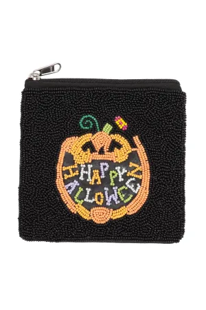 HAPPY HALLOWEEN PUMPKIN SEED BEADS COIN POUCH