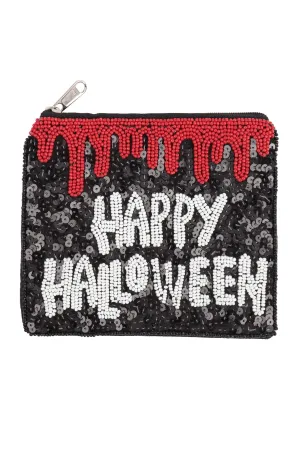 HAPPY HALLOWEEN SEQUIN AND SEED BEADS COIN POUCH