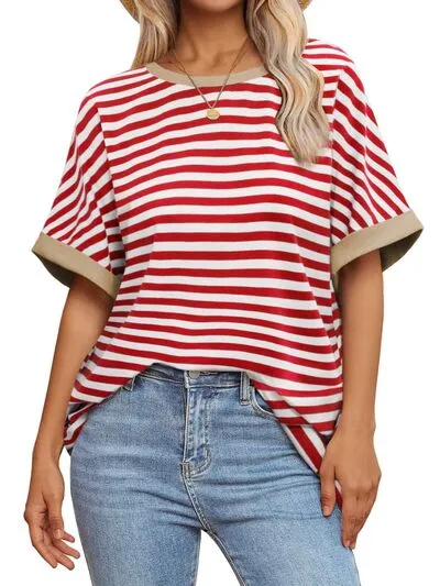 Hazel Blues® |  Contrast Striped Round Neck Half Sleeve T-Shirt