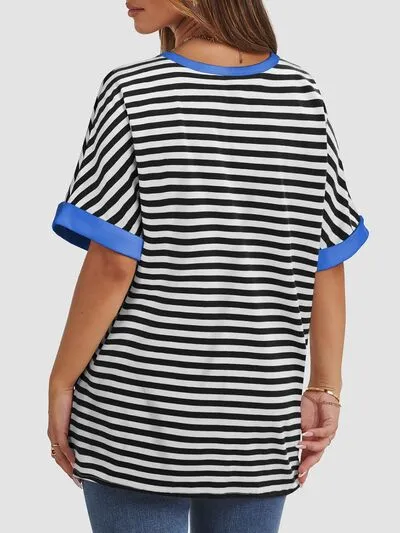 Hazel Blues® |  Contrast Striped Round Neck Half Sleeve T-Shirt
