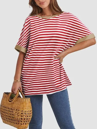 Hazel Blues® |  Contrast Striped Round Neck Half Sleeve T-Shirt