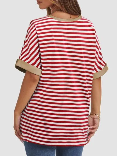 Hazel Blues® |  Contrast Striped Round Neck Half Sleeve T-Shirt