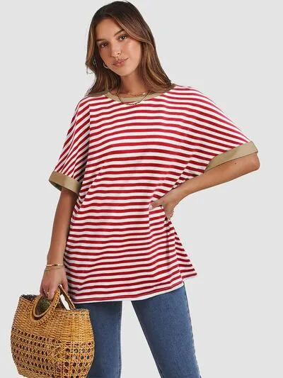 Hazel Blues® |  Contrast Striped Round Neck Half Sleeve T-Shirt