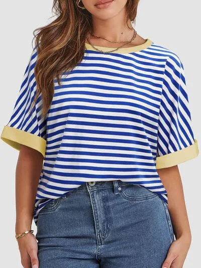 Hazel Blues® |  Contrast Striped Round Neck Half Sleeve T-Shirt
