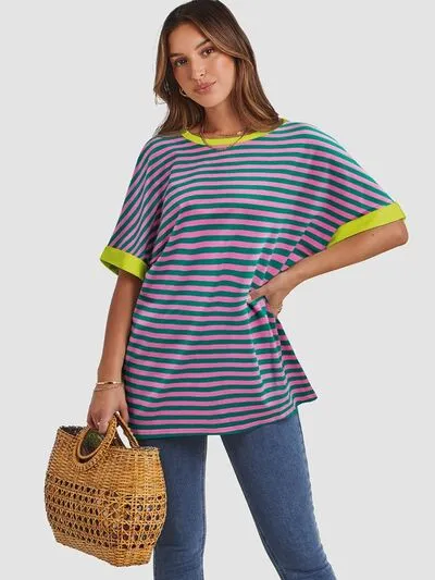 Hazel Blues® |  Contrast Striped Round Neck Half Sleeve T-Shirt