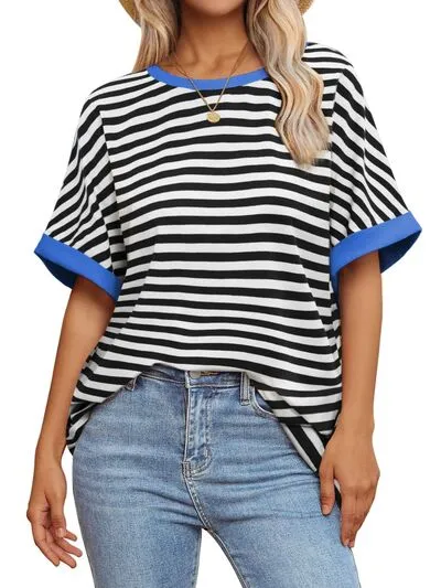 Hazel Blues® |  Contrast Striped Round Neck Half Sleeve T-Shirt