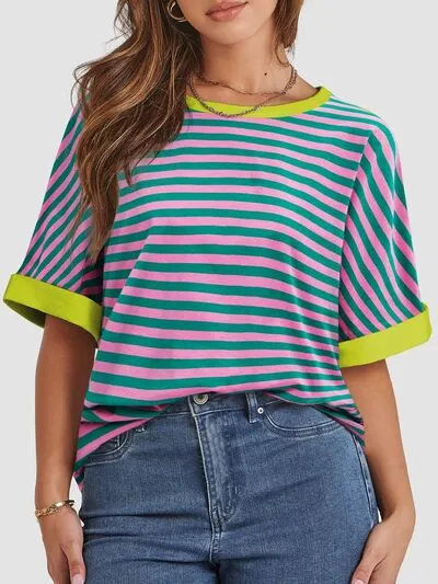 Hazel Blues® |  Contrast Striped Round Neck Half Sleeve T-Shirt