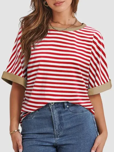 Hazel Blues® |  Contrast Striped Round Neck Half Sleeve T-Shirt
